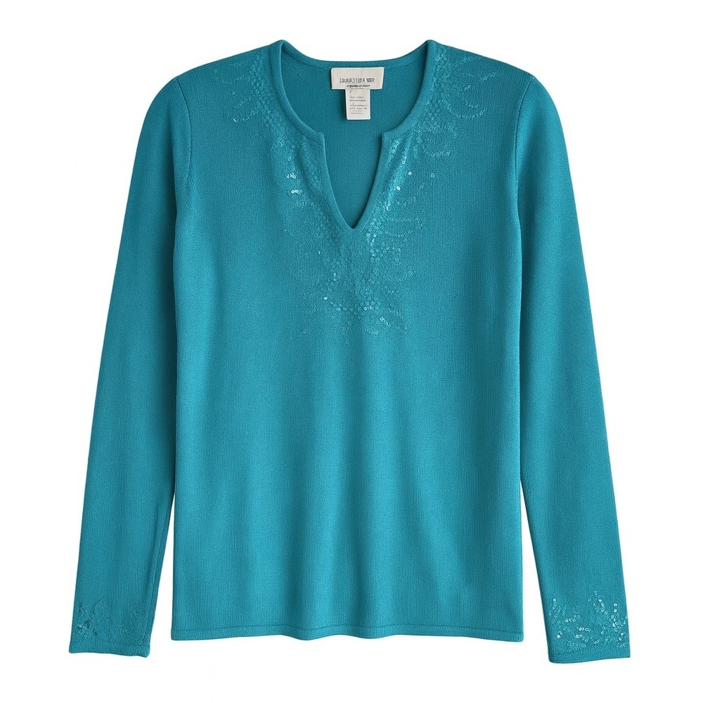 Susan Bristol V-Neck Sweater Split Neck Sequin Knit Turquoise Resort Top Medium